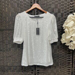 Cable & Gauge White Sequin Puff Sleeve Blouse Size Small NWT